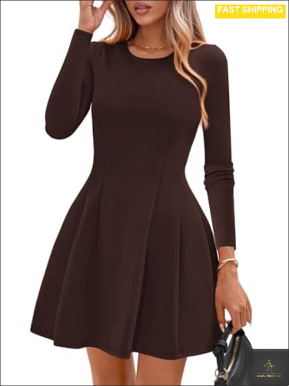 Womens Long Sleeve Pleated Mini Dress A-Line Soft Knit Club Night Out
